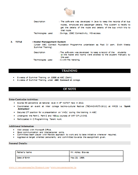 Sample resume for b tech cse freshers